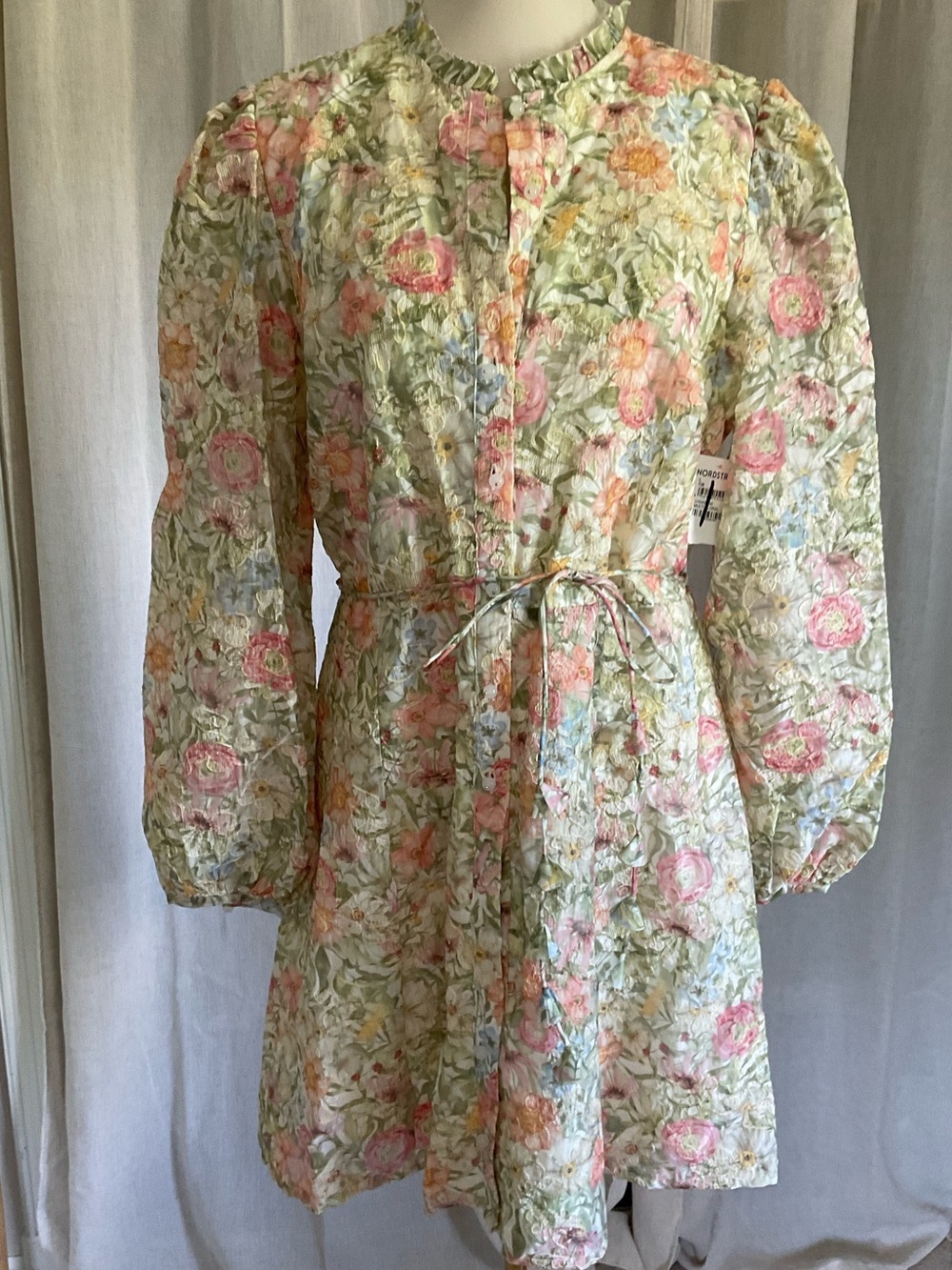 Chelsea28 NWT Large Floral Textured Mini Dress Glass Bead Buttons Cottagecore